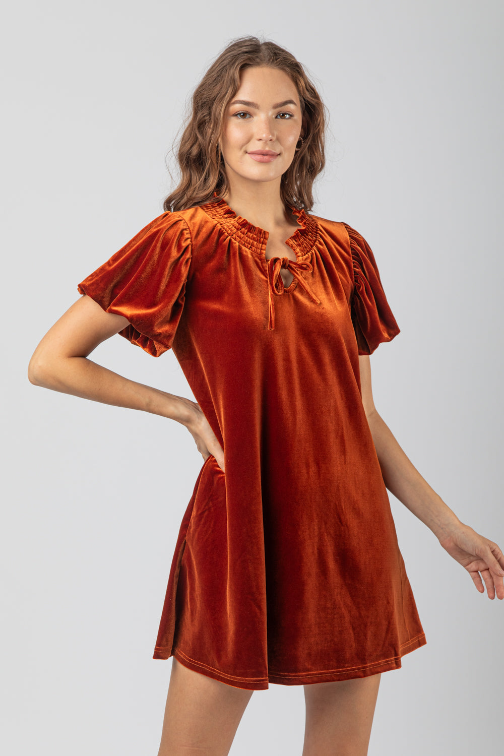 Rust Puff Sleeve Velvet Holiday Mini Dress Final Sale