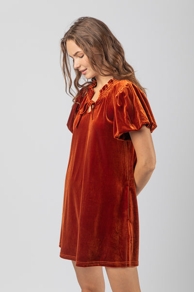 Rust Puff Sleeve Velvet Holiday Mini Dress Final Sale