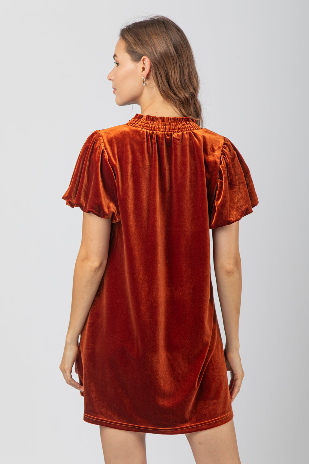 Rust Puff Sleeve Velvet Holiday Mini Dress Final Sale