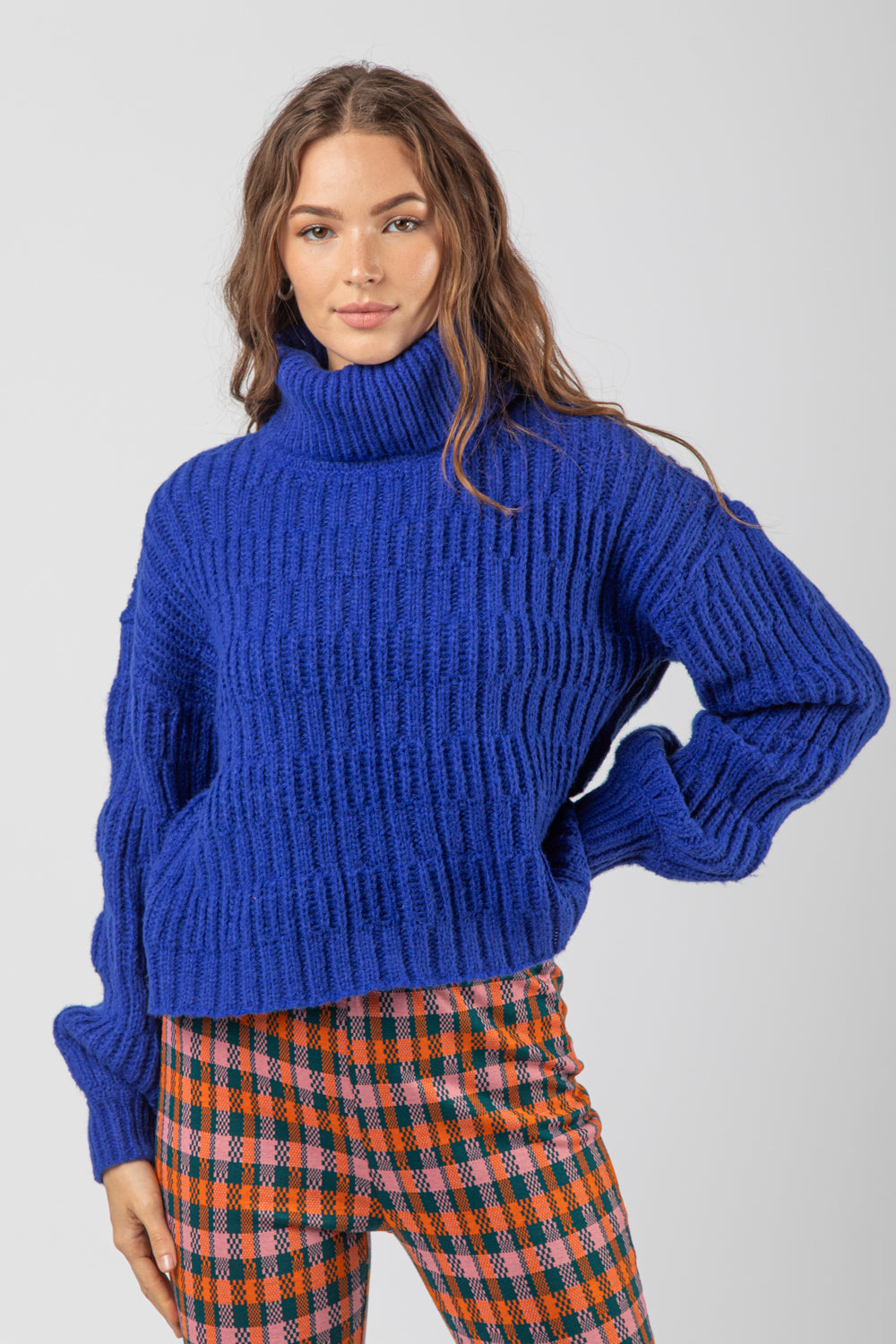 Royal Blue Turtle Neck Textured Knit Sweater Top Final Sale