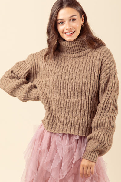 Mocha Turtle Neck Textured Knit Sweater Top Final Sale