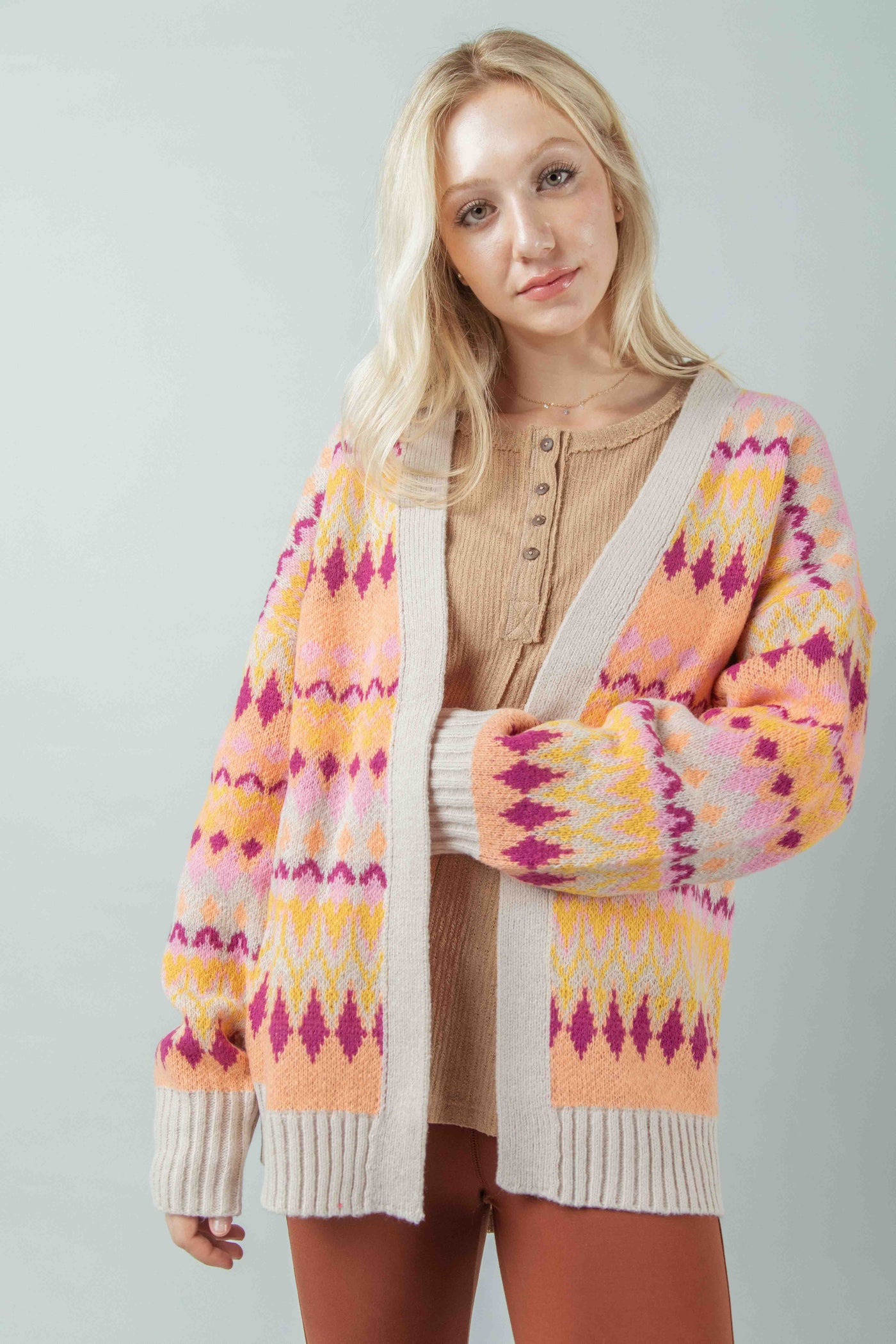 Taupe Multi-Color Aztec Graphic Knit Sweater Cardigan