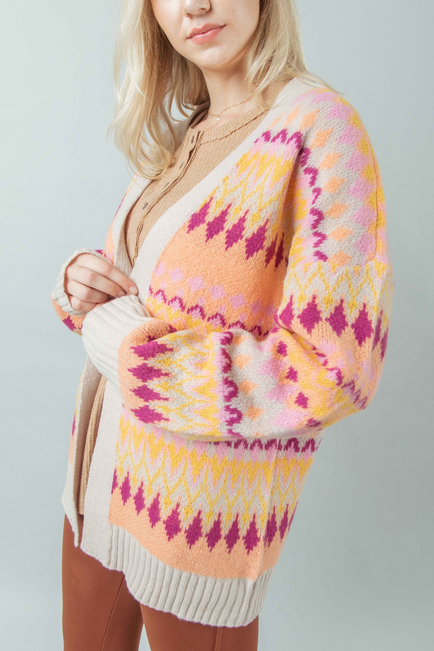 Taupe Multi-Color Aztec Graphic Knit Sweater Cardigan