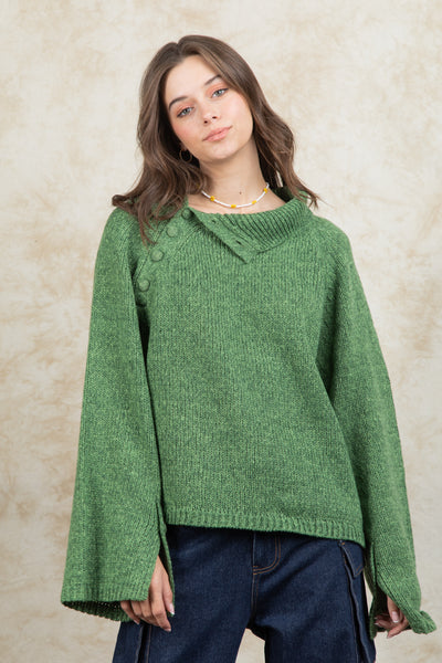 Curvy Green High Neck Side Opening Sweater Top Final Sale