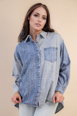 SC Indigo Mineral Washed Colorblock Striped Shirt Top