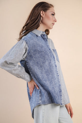 SC Indigo Mineral Washed Colorblock Striped Shirt Top