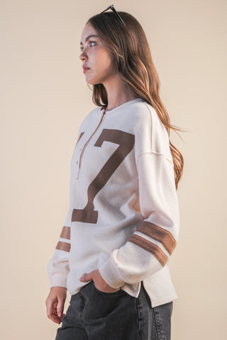 SC Cream Oversized Screen Print Graphic Casual Knit Top
