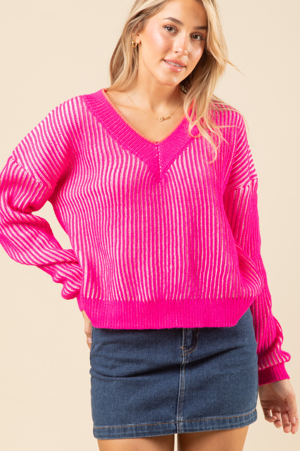 Pink Oversized Vertical Stripe Two Tone Knit Sweater Top