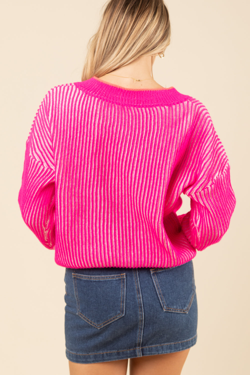 Pink Oversized Vertical Stripe Two Tone Knit Sweater Top