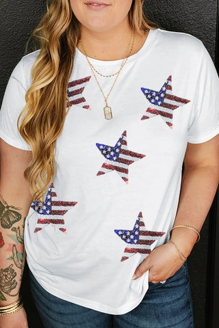Curvy Sequin Star Round Neck Short Sleeve Top
