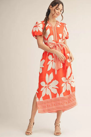 Orange Short Puff Sleeve Tropical Midi Dress FINAL SALE