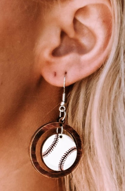 White Baseball Pattern Wood Round Drop Earrings