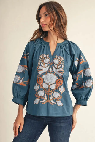 Teal Notched V-neck Top with Embroidered Baroque Floral Applique