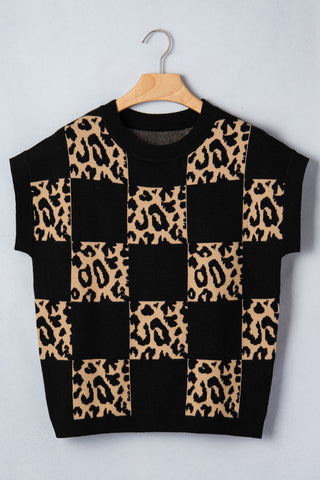 Leopard Checkered Short Sleeve Knit Sweater