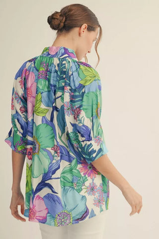 Royal Mix 1/2 Sleeve Standing Neckline Floral Top FINAL SALE