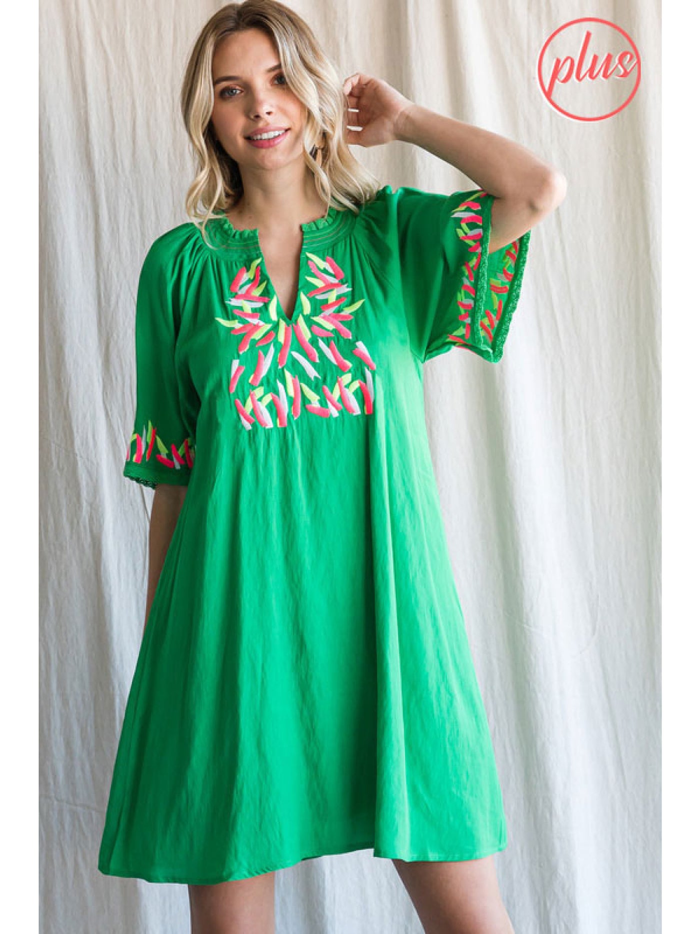 Curvy Kelly Green Solid Dress with a Slit Smocked Neck