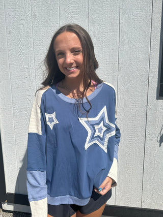 Blue Star Patchwork Colorblock Knitted Top