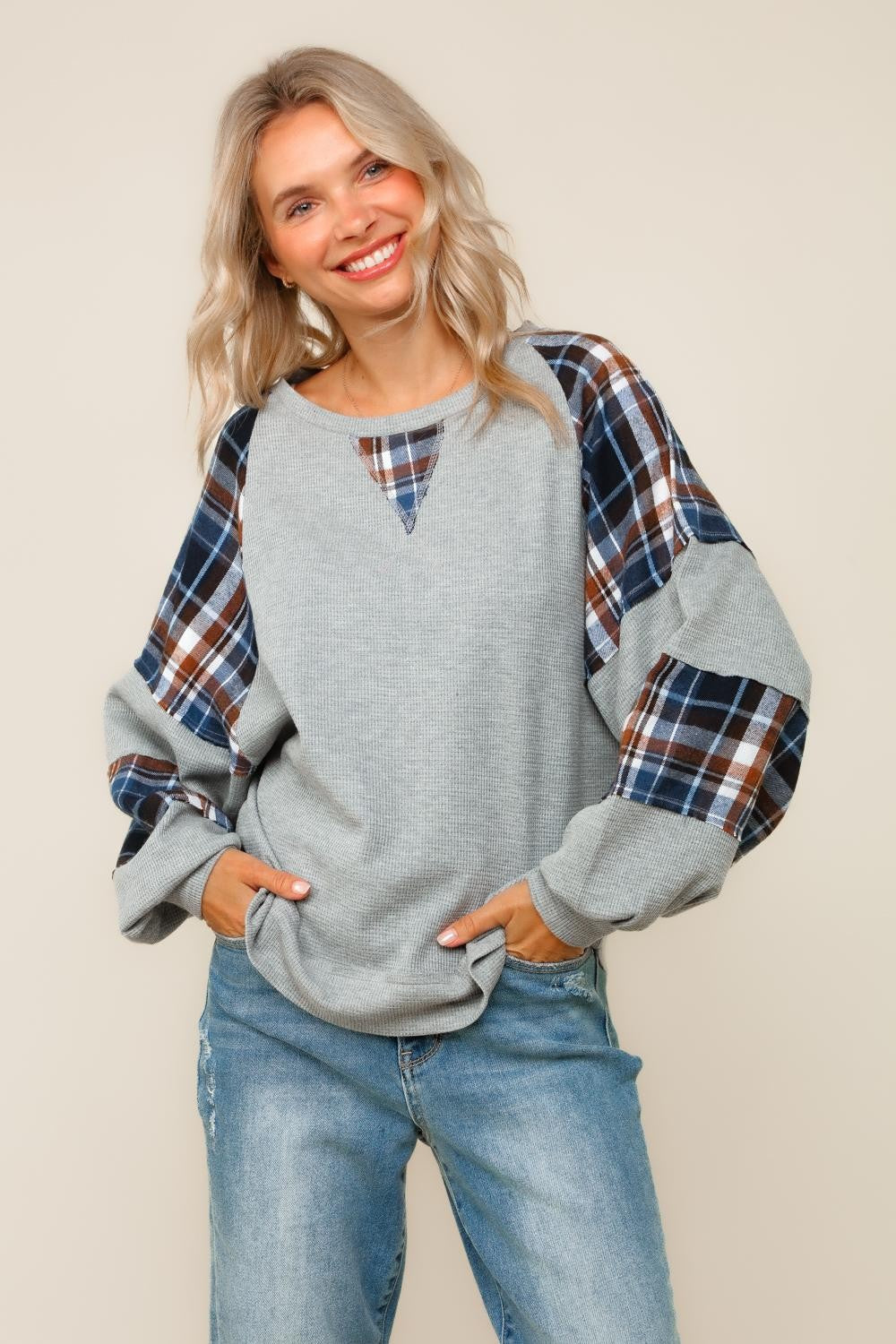 Curvy Grey/Navy Solid Thermal Knit Plaid Woven Loose Fit Top