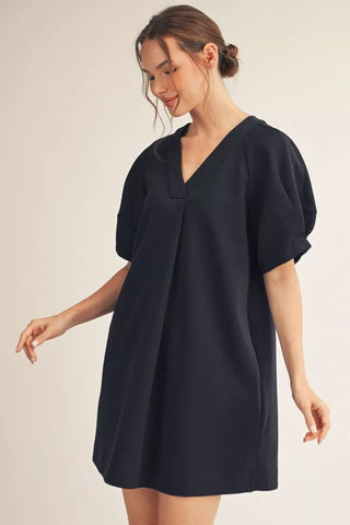 Navy Drop Shoulder Puff Sleeve Shift Dress w/ Pockets