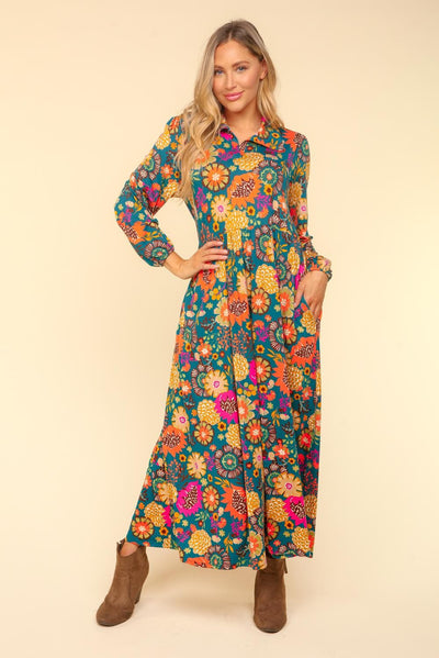 TEAL BUTTER SOFT COLLARED MAXI FLORAL DRESS WITH SIDE POCKETS