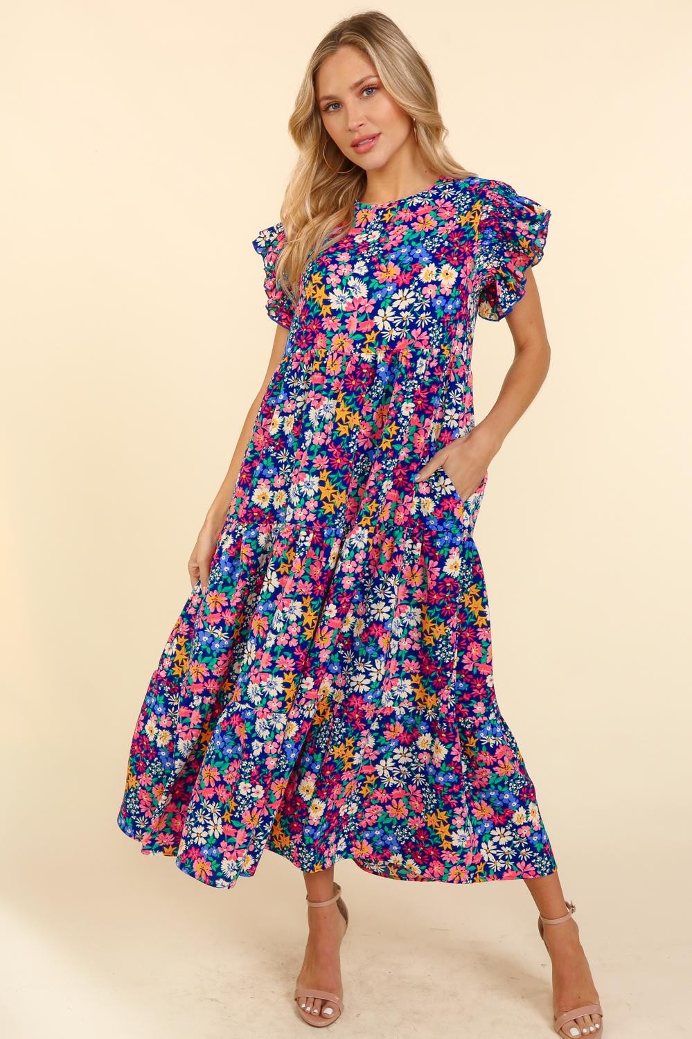 RUFFLE MAXI LENGTH FLORAL WOVEN DRESS