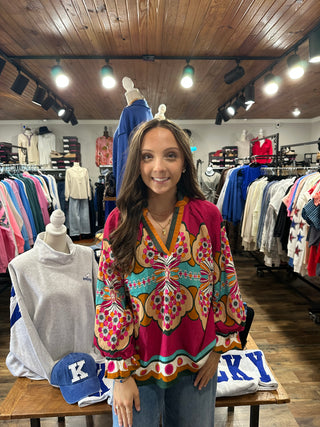 Berry Mix Floral Border Print Peasant Blouse