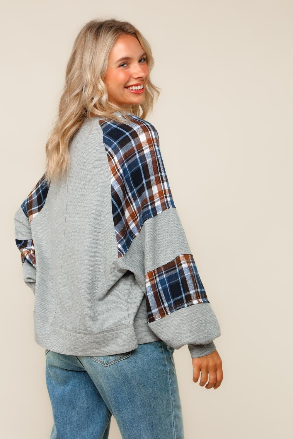 Curvy Grey/Navy Solid Thermal Knit Plaid Woven Loose Fit Top