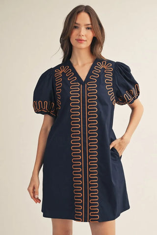 Navy Short Puff Sleeves Embroidered Shift Dress with Pockets