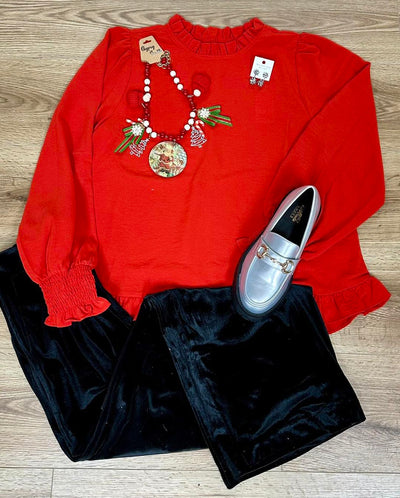 Tomato Red Solid Long Peasant Sleeves Top