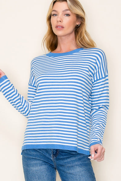 BLUE STRIPED LONG SLEEVE CREW NECK PULLOVER SWEATER