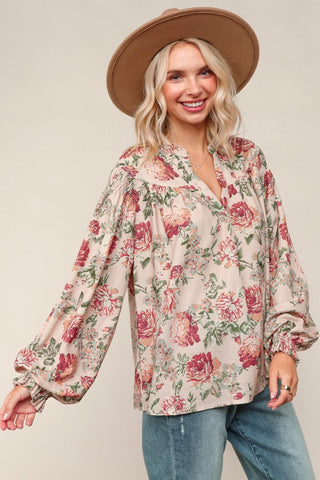 Taupe Notched Neck Floral Print Woven Blouse Final Sale