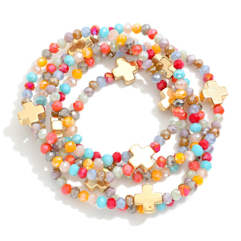 Set of Five Faceted Glass Bead Stretch Bracelets Featuring Dainty Metal Gold Tone Cross Beads (8 Options)