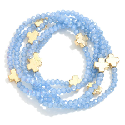 Set of Five Faceted Glass Bead Stretch Bracelets Featuring Dainty Metal Gold Tone Cross Beads (8 Options)