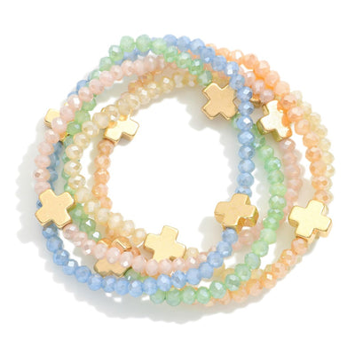 Set of Five Faceted Glass Bead Stretch Bracelets Featuring Dainty Metal Gold Tone Cross Beads (8 Options)