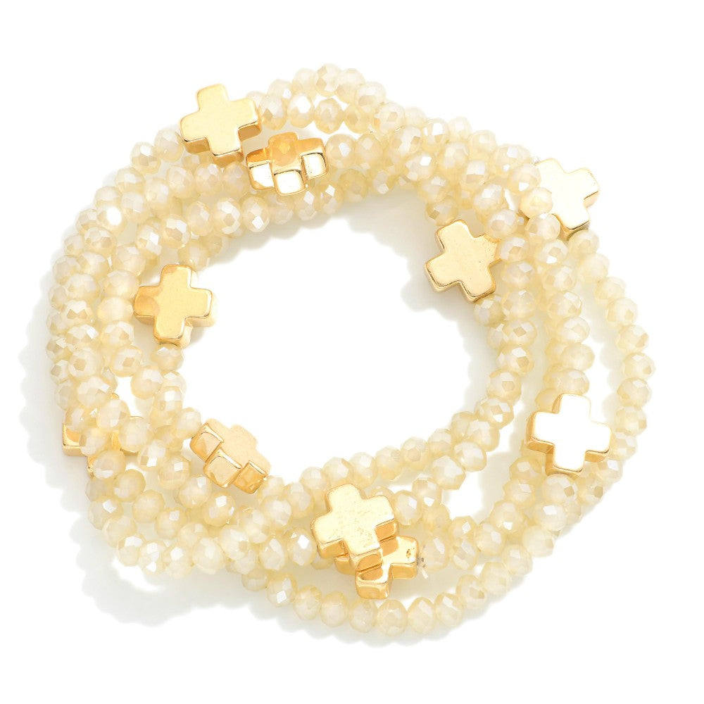 Set of Five Faceted Glass Bead Stretch Bracelets Featuring Dainty Metal Gold Tone Cross Beads (8 Options)