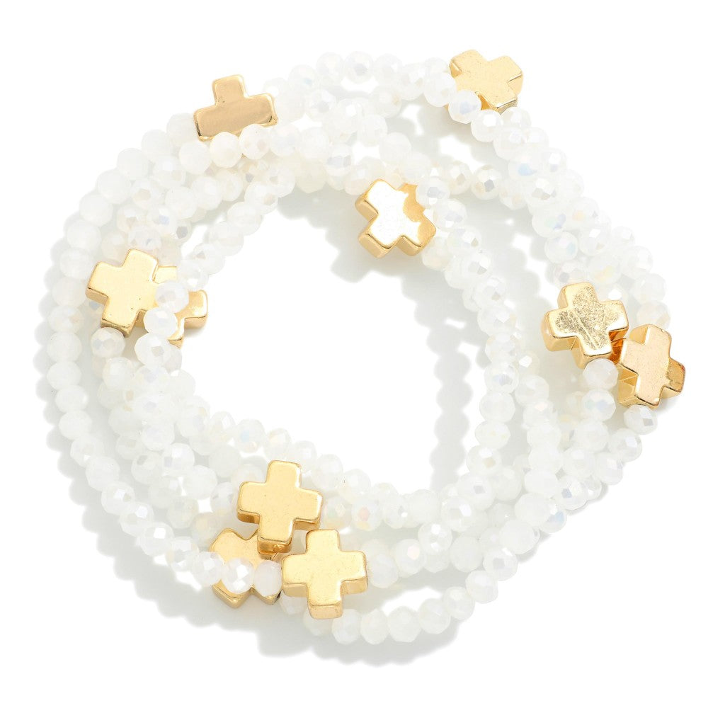 Set of Five Faceted Glass Bead Stretch Bracelets Featuring Dainty Metal Gold Tone Cross Beads (8 Options)