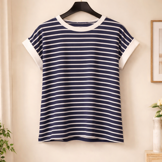 Curvy Navy Contrast Trim Cap Sleeve Stripe Tee Final Sale