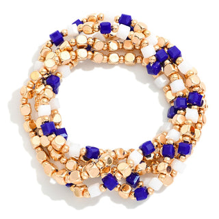 Set Of Five Royal Metal Tone Squared Beaded Stretch Bracelets Featuring Glass Crystal Beads