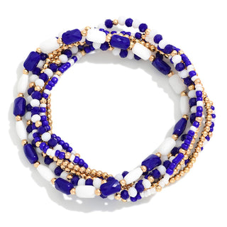 Set Of Seven Metal Tone Mix Beaded Stretch Bracelet Featuring Gold Tones