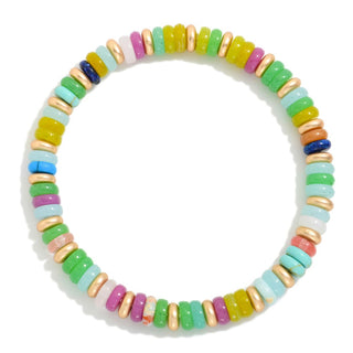 Beaded Stretch Bracelets Featuring Flatted Gold Tone Beads & Disc Beads (2 Colors)