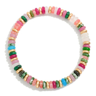 Beaded Stretch Bracelets Featuring Flatted Gold Tone Beads & Disc Beads (2 Colors)