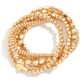 Set Of Five Gold Metal Tone Geometric Shape Bead Beaded Stretch Bracelets