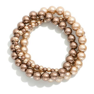 Set Of Three Metallic Brown Beaded Stretch Bracelets