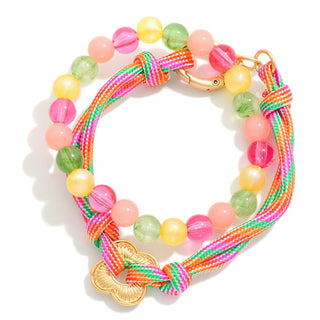 Set Of Two Layered Rope & Beaded Bracelets Featuring Metal Tone Clover Detail