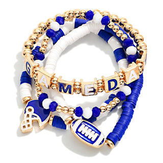 Set Of Four "Game Day" Heishi Beaded Stretch Bracelet Featuring Football Charms (2 Colors)