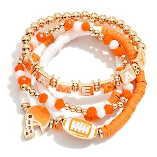 Set Of Four "Game Day" Heishi Beaded Stretch Bracelet Featuring Football Charms (2 Colors)