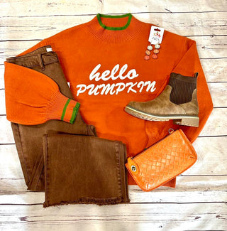 HELLO PUMPKIN MOCK NECK BALLON SLEEVE SWEATER by FATE Final Sale