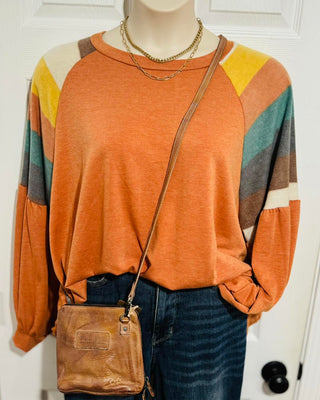 CURVY PUMPKIN ROUND NECK RAGLAN MULTICOLOR STRIPE PRINT TOP Final Sale