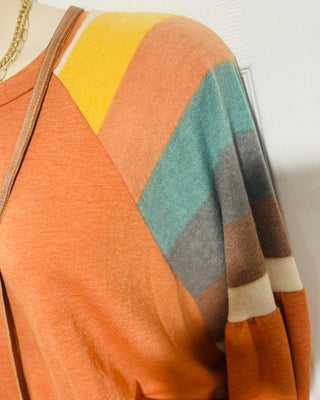 CURVY PUMPKIN ROUND NECK RAGLAN MULTICOLOR STRIPE PRINT TOP Final Sale