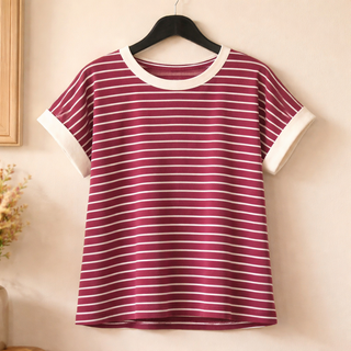 Curvy Cabernet Contrast Trim Cap Sleeve Stripe Tee